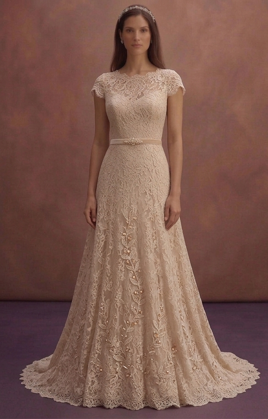 Soft Beige Lace Wedding Dress with Modest Silhouette