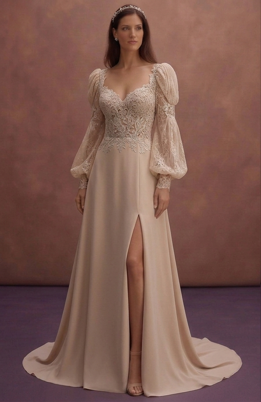 Soft Beige Lace Wedding Dress with Romantic Sleeves