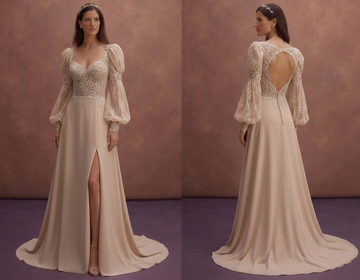 Soft Beige Lace Wedding Dress with Romantic Sleeves