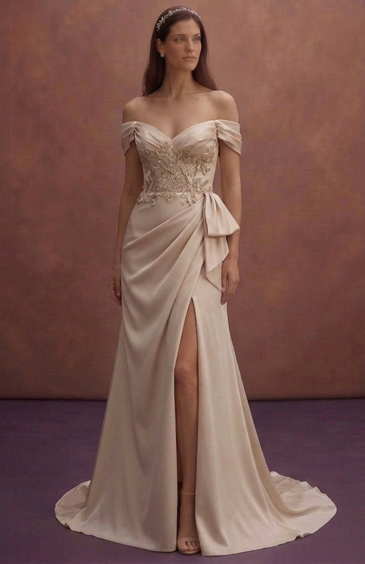 Soft Beige Satin Wedding Dress with Draped Waistline