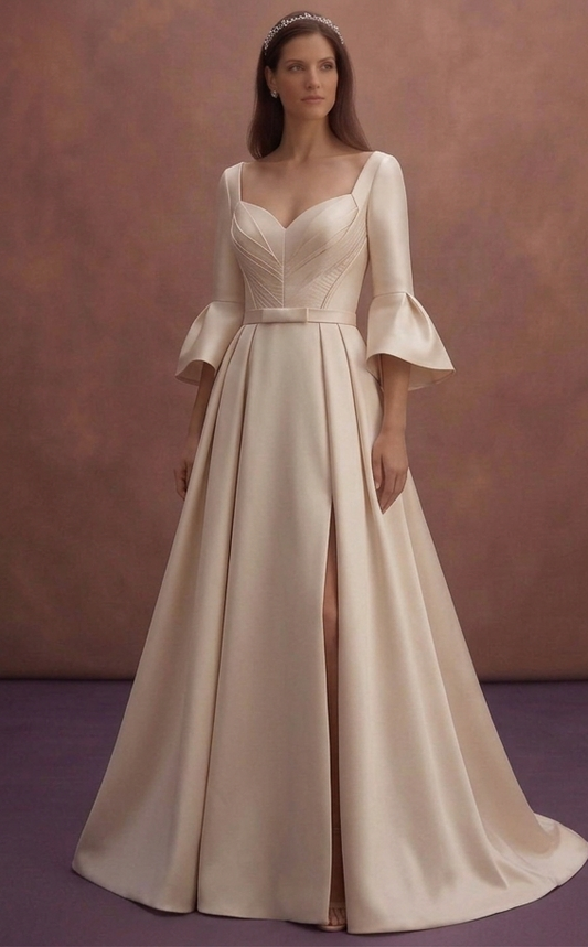 Soft Beige Satin Wedding Dress with Sculpted Bodice