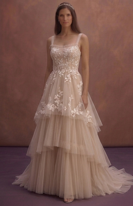Soft Beige Tulle Bridal Dress with Romantic Layers
