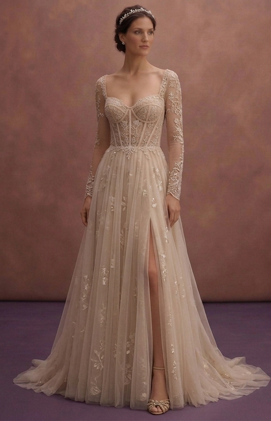 Soft Beige Tulle Wedding Dress with Corset Bodice