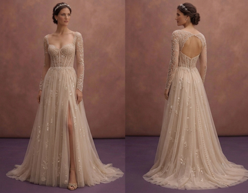 Soft Beige Tulle Wedding Dress with Corset Bodice
