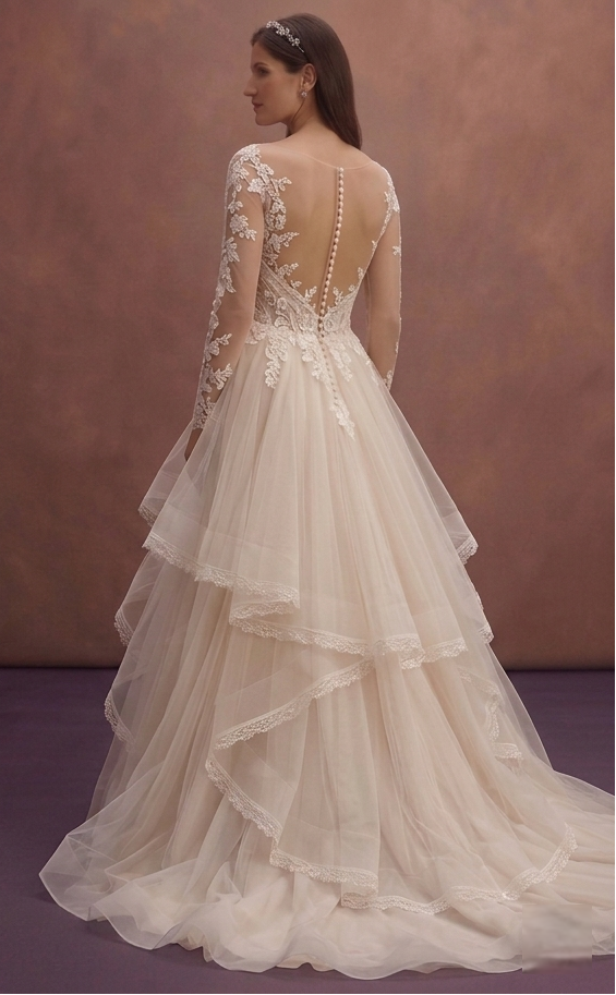 Soft Beige Tulle Wedding Dress with Layered Romantic Skirt