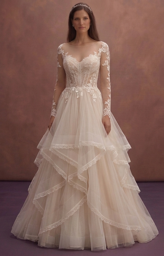 Soft Beige Tulle Wedding Dress with Layered Romantic Skirt