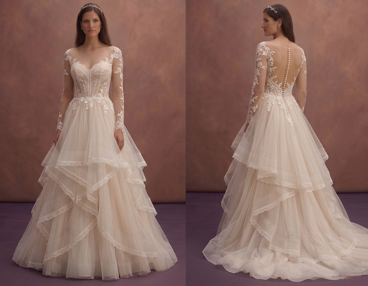 Soft Beige Tulle Wedding Dress with Layered Romantic Skirt