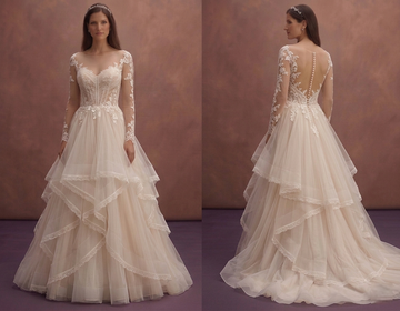 Soft Beige Tulle Wedding Dress with Layered Romantic Skirt