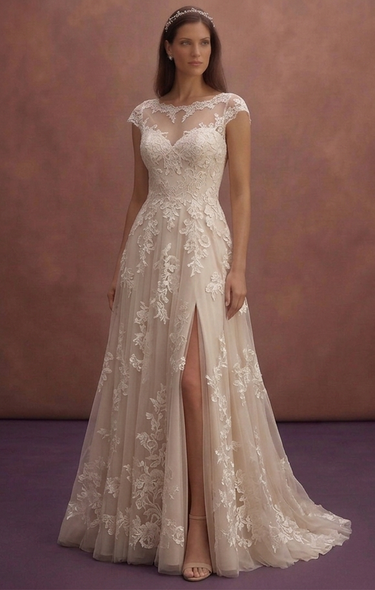 Soft Beige Wedding Dress with Delicate Floral Lace
