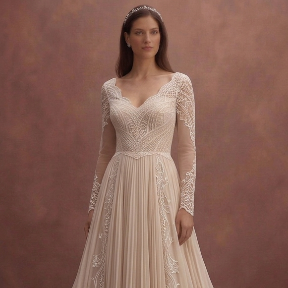 Soft Beige Wedding Dress with Flowy Chiffon Skirt