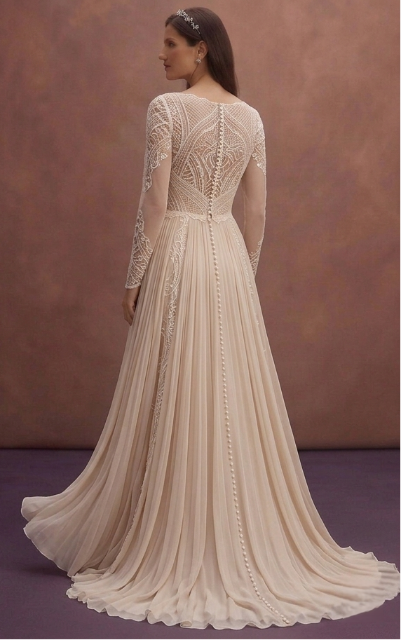 Soft Beige Wedding Dress with Flowy Chiffon Skirt