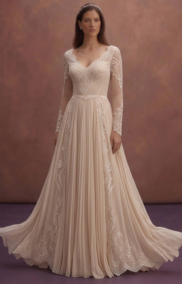 Soft Beige Wedding Dress with Flowy Chiffon Skirt