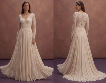 Soft Beige Wedding Dress with Flowy Chiffon Skirt