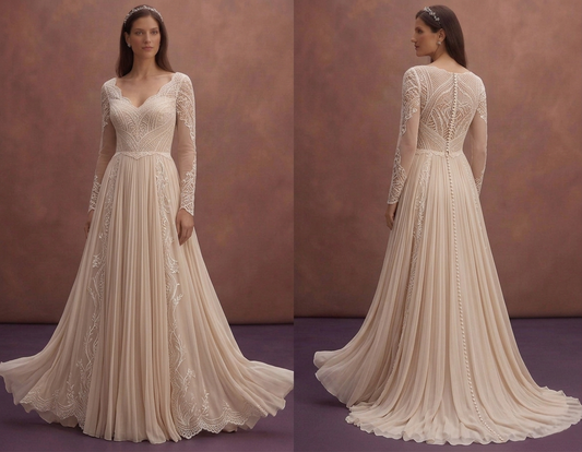 Soft Beige Wedding Dress with Flowy Chiffon Skirt