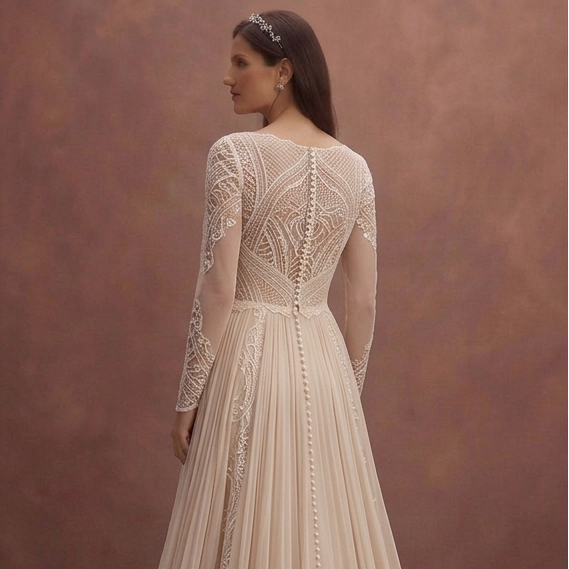 Soft Beige Wedding Dress with Flowy Chiffon Skirt
