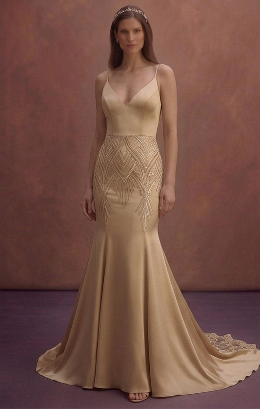 Soft Gold Fit and Flare Wedding Dress with Lace Train