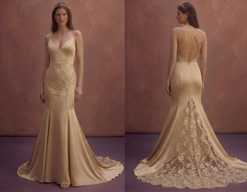Soft Gold Fit and Flare Wedding Dress with Lace Train