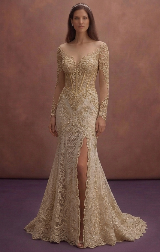 Soft Gold Lace Fit and Flare Wedding Dress with Illusion Back
