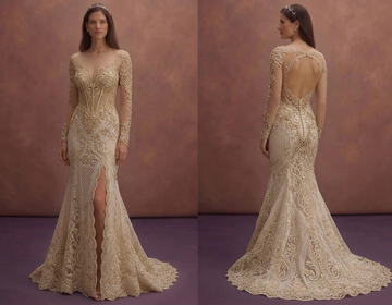 Soft Gold Lace Fit and Flare Wedding Dress with Illusion Back