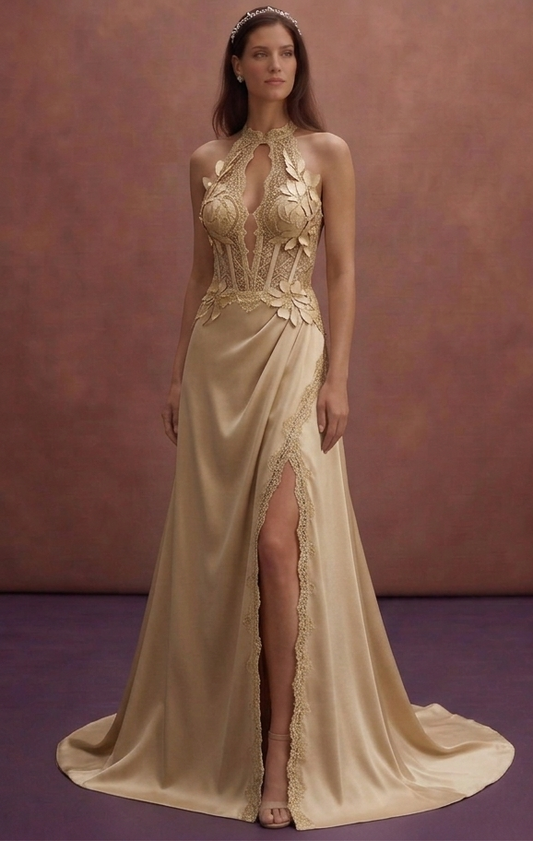 Soft Gold Satin Bridal Dress with Elegant Side Slit