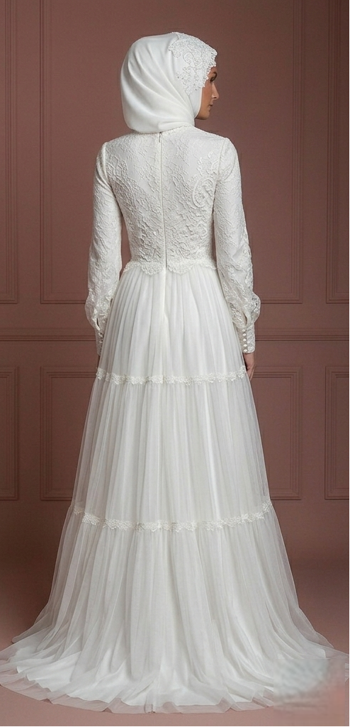 Soft White Lace & Tulle Dress – Modest Wedding Dress with Hijab Muslim