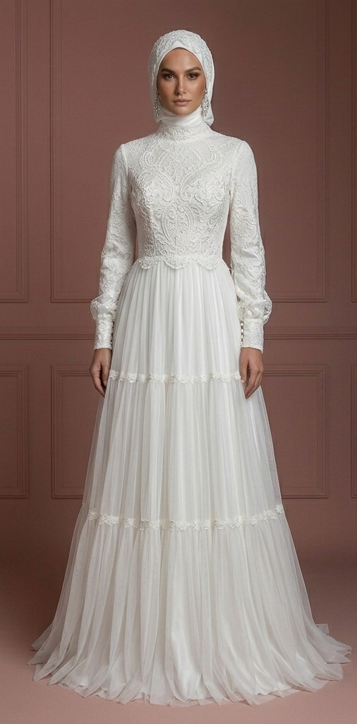 Soft White Lace & Tulle Dress – Modest Wedding Dress with Hijab Muslim