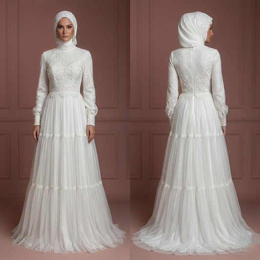 Soft White Lace & Tulle Dress – Modest Wedding Dress with Hijab Muslim