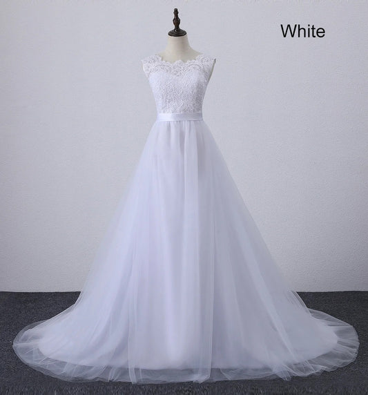 Lace Applique Boho trouwjurk vat mouwloze a-line tulle court trein bruid jurk land vestidos de novia verjaardag jurk