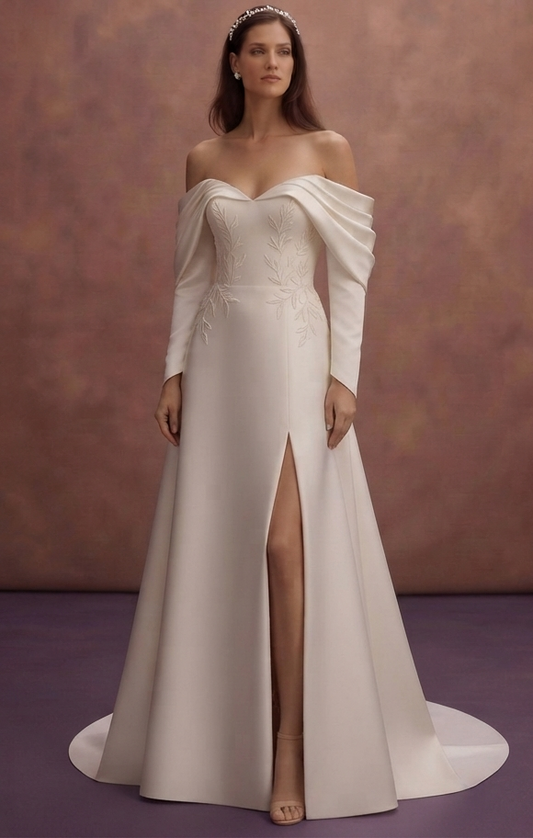 Sophisticated Bridal Gowns with Draped Satin Sleeves