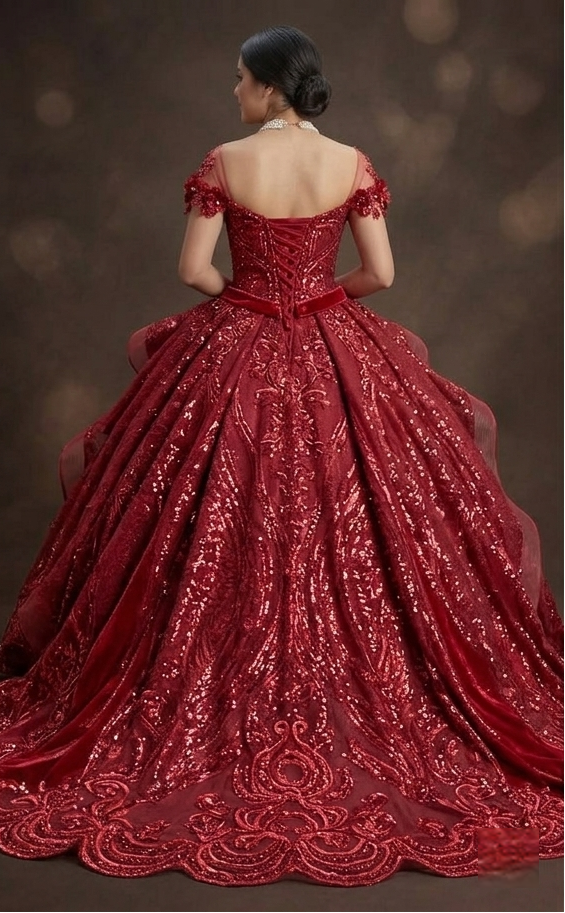 Sparkly Sequin Red Quinceañera Dress with Detachable Train