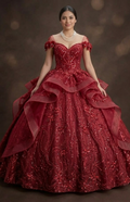 Sparkly Sequin Red Quinceañera Dress with Detachable Train