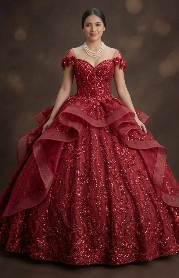 Sparkly Sequin Red Quinceañera Dress with Detachable Train