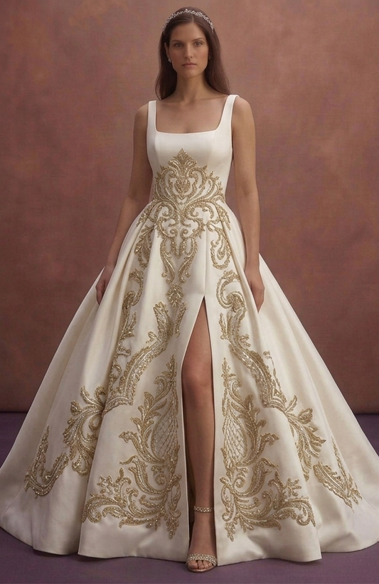 Square Neck Satin Ball Gown Wedding Dresses with Royal Style