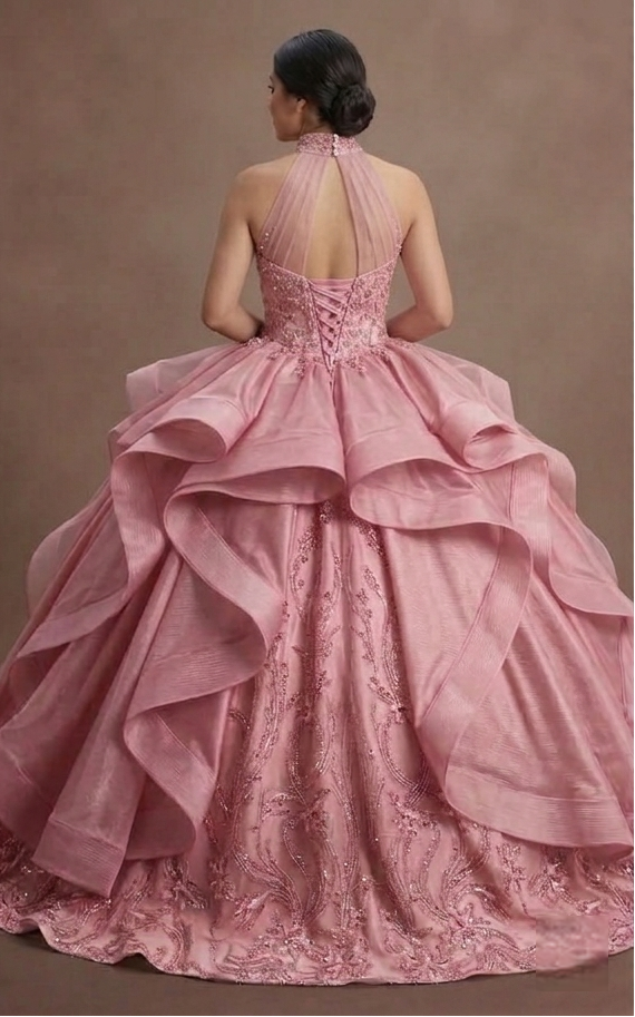 Sweet 15 Pink Quinceañera Dress with Organza Layers