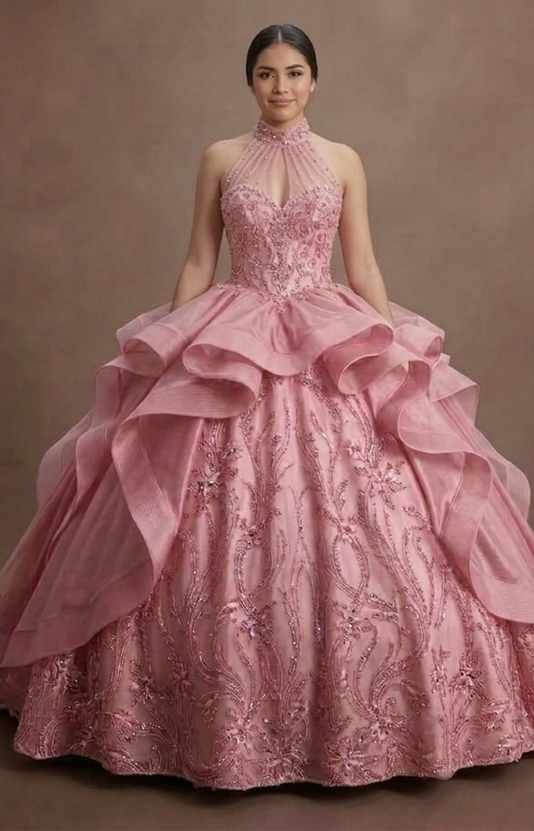Sweet 15 Pink Quinceañera Dress with Organza Layers