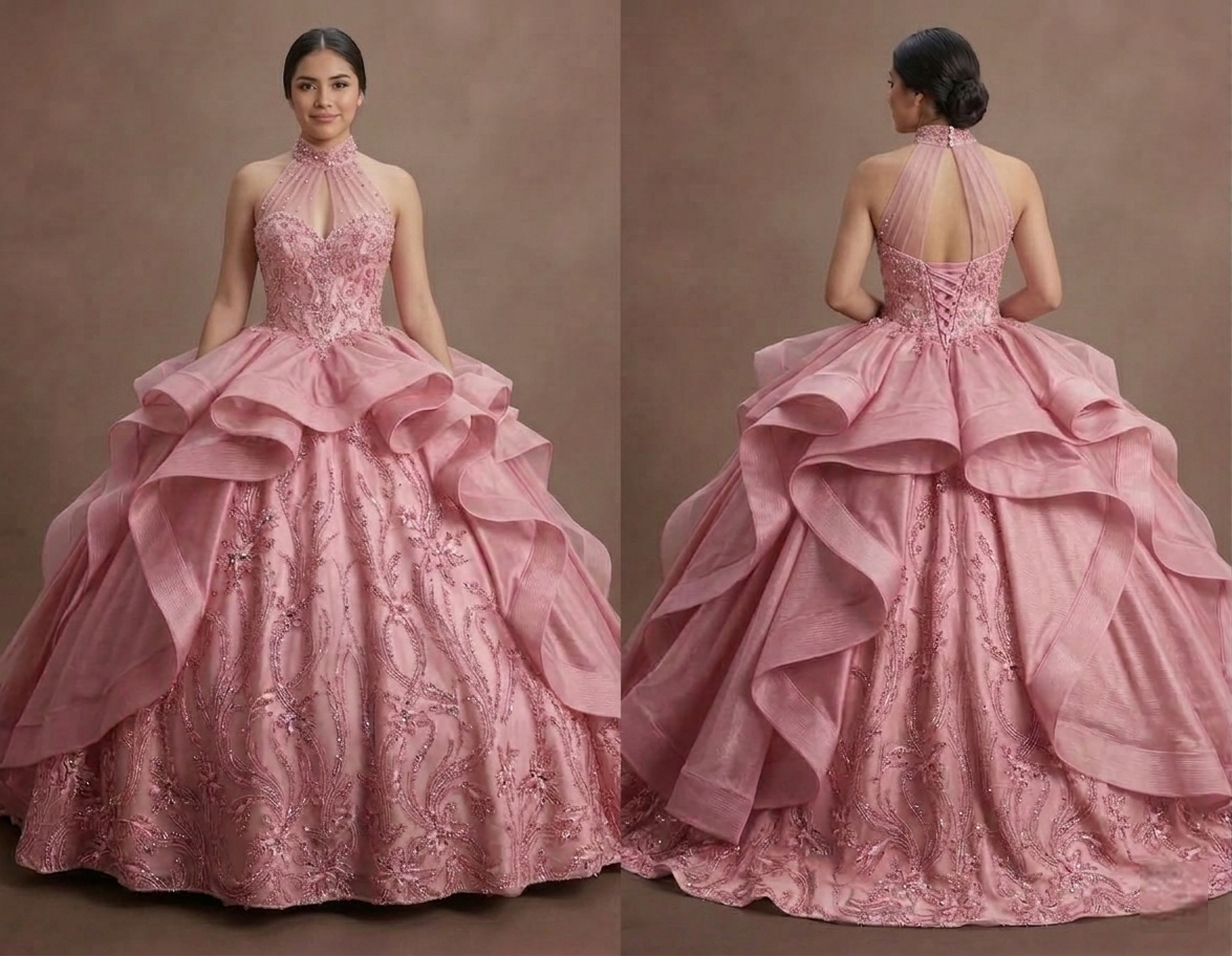 Sweet 15 Pink Quinceañera Dress with Organza Layers