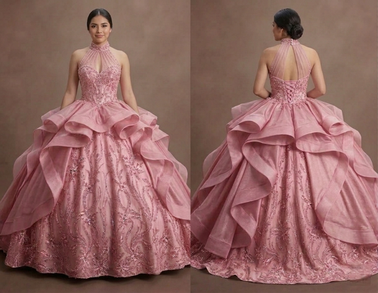 Sweet 15 Pink Quinceañera Dress with Organza Layers