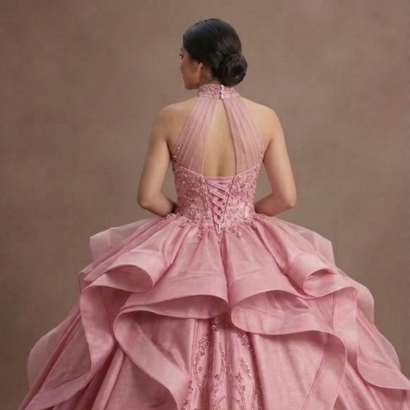 Sweet 15 Pink Quinceañera Dress with Organza Layers