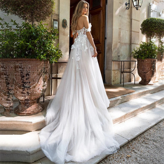 Lindo vestido vestidos de novia encantador fora do ombro vestido de casamento renda applique a linha tule vestido de noiva robe de mariée