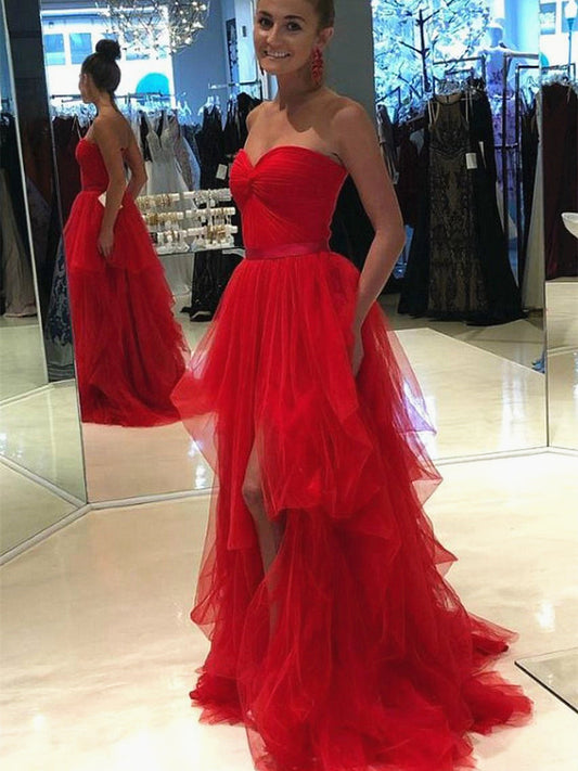 Red Tiered Tulle Evening Dress Slit Front Sweetheart Elegant Long Formal Prom Gowns Celebrity Dresses Robe De Soiree