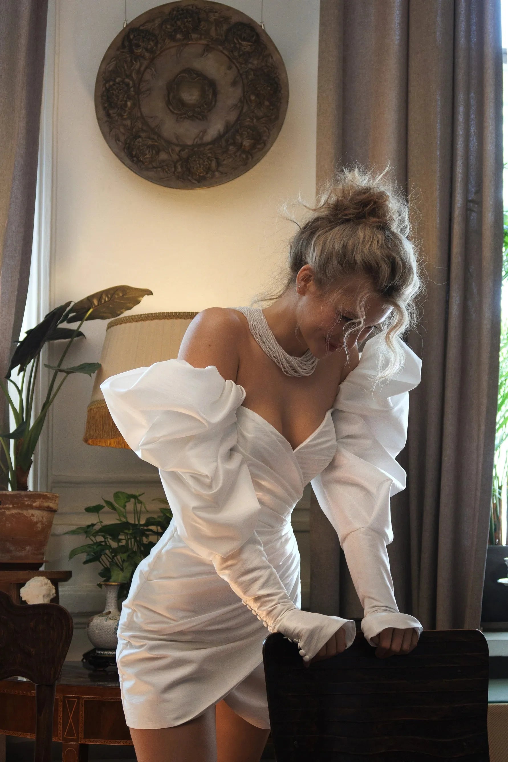 Short Wedding Dress with Long Puff Sleeves Modern Bow Satin Vestido De