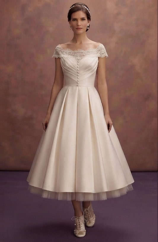 Tea-Length Satin Wedding Dresses with Vintage Charm