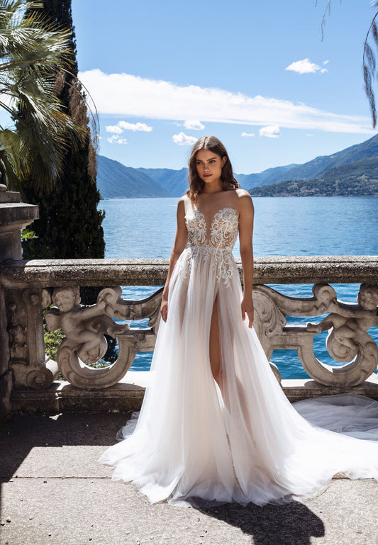 Sodigne Boho Wedding Dresses Glitter Tulle spetsapplikationer A-Line Side Split Wedding Gown Sweetheart Corset Brudklänning