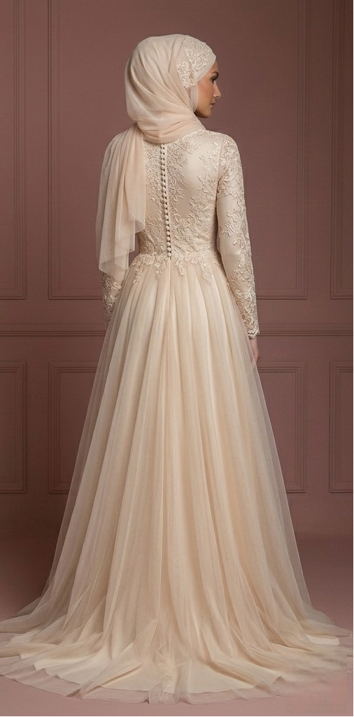 Tulle Flowing Bridal Wedding Dress – Champagne Elegant Muslim Outfit