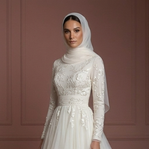 Tulle Flowing Nikah Wedding Dress – Soft Ivory Muslim Outfit