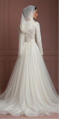 Tulle Flowing Nikah Wedding Dress – Soft Ivory Muslim Outfit