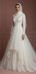 Tulle Flowing Nikah Wedding Dress – Soft Ivory Muslim Outfit