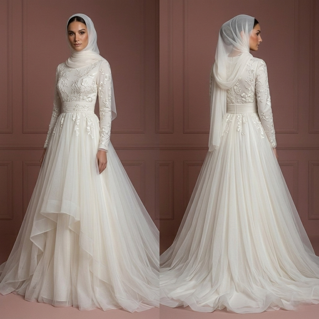 Tulle Flowing Nikah Wedding Dress – Soft Ivory Muslim Outfit