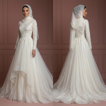 Tulle Flowing Nikah Wedding Dress – Soft Ivory Muslim Outfit