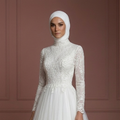 Tulle Layered Ball Gown – Pearl White Modest Bridal Hijab Style Wedding Dress Muslim